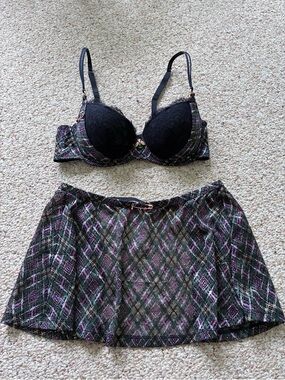 Rare 3-Pc Savage X Fenty Plaid Lace Set - Bra 36C / M Skirt & Thong